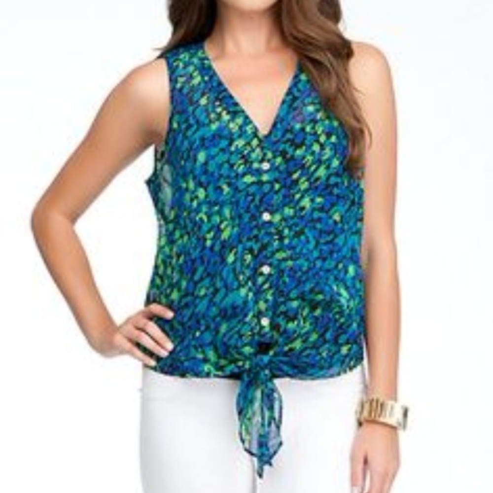 Bebe Sheer Print Sleeveless Flowy Blouse with Front Tie